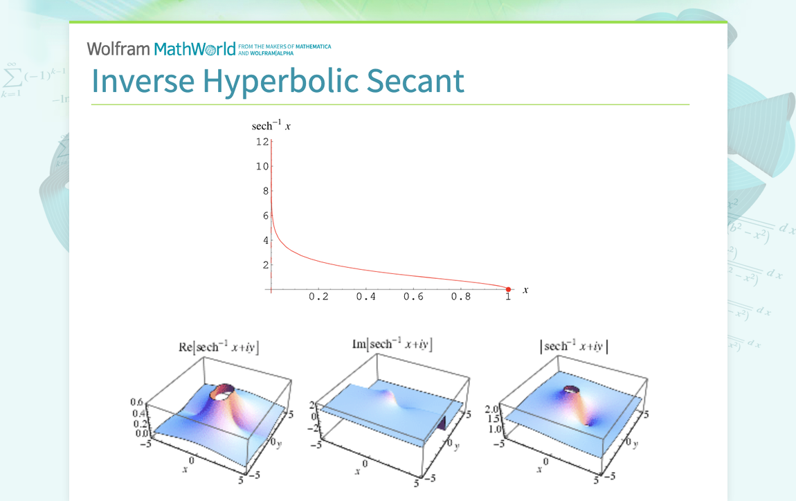 Inverse Hyperbolic Secant From Wolfram Mathworld 9859