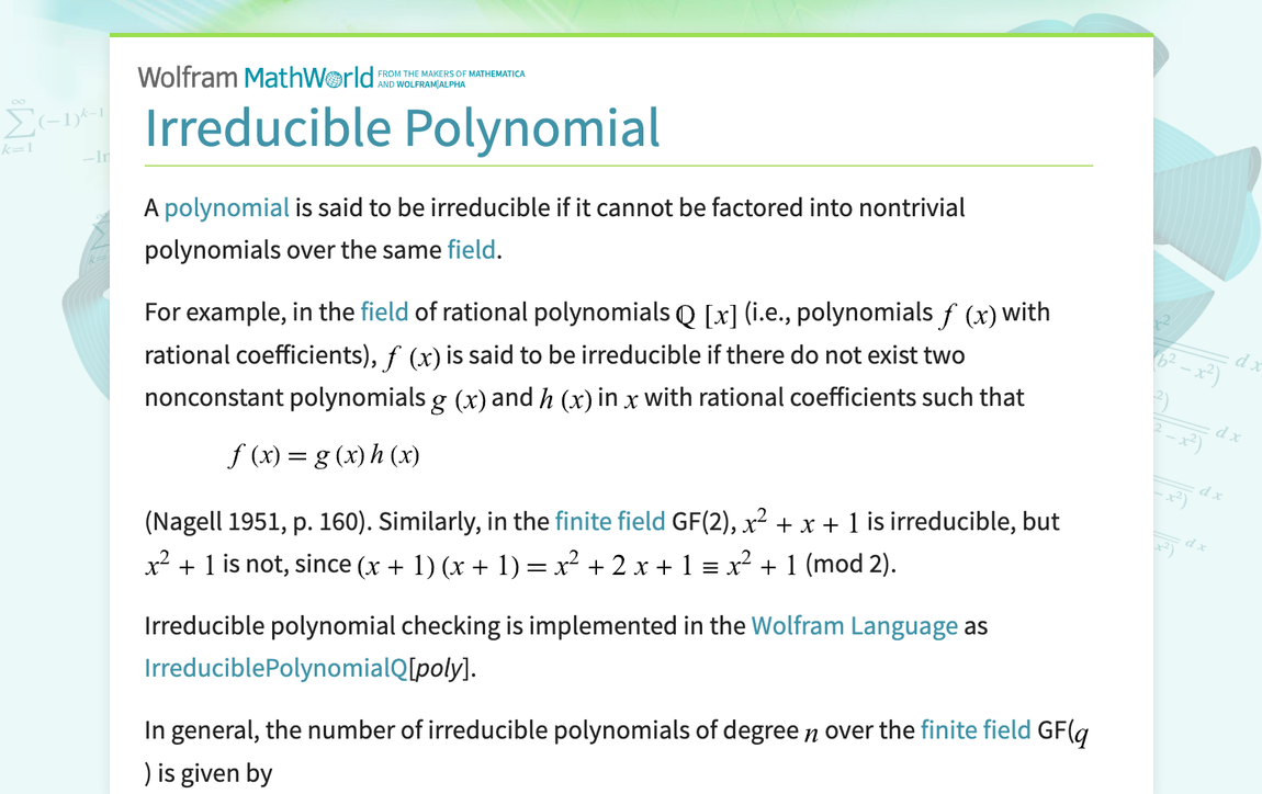 Irreducible Polynomial -- from Wolfram MathWorld