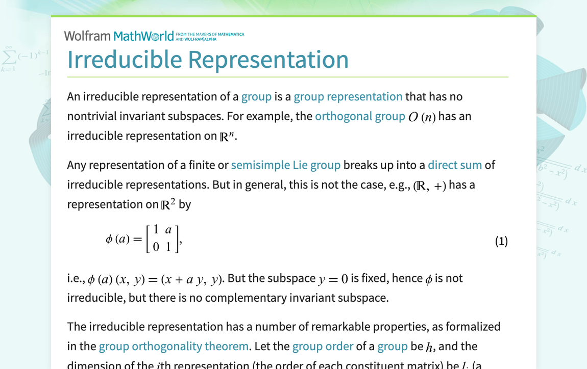 Irreducible representation from wolfram mathworld
