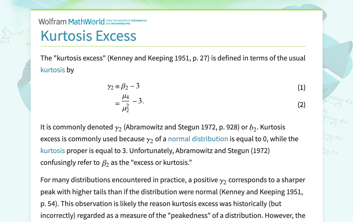 Kurtosis Excess -- from Wolfram MathWorld