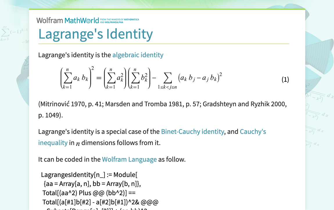 Lagrange's Identity -- from Wolfram MathWorld