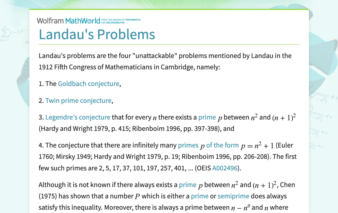 Landau's Problems -- from Wolfram MathWorld