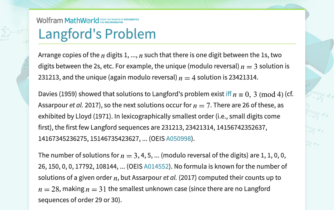 Langford's Problem -- from Wolfram MathWorld