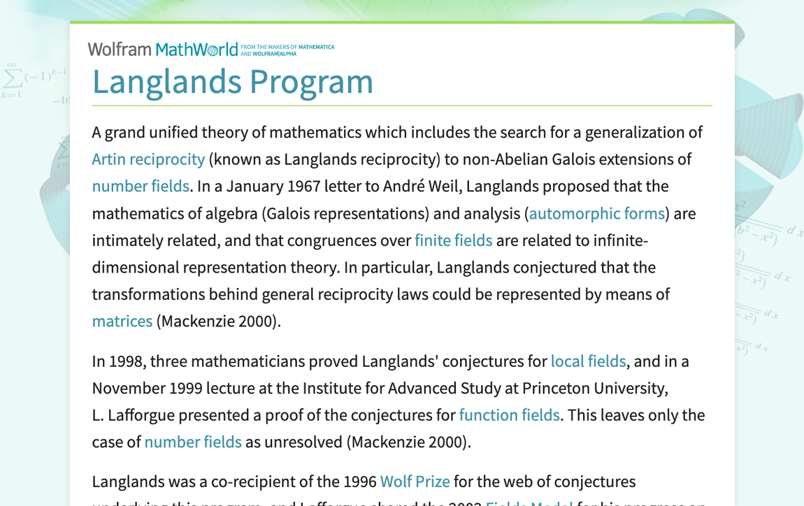 Langlands program from wolfram mathworld