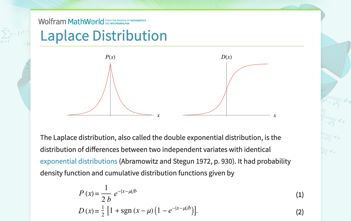 Laplace Distribution -- from Wolfram MathWorld