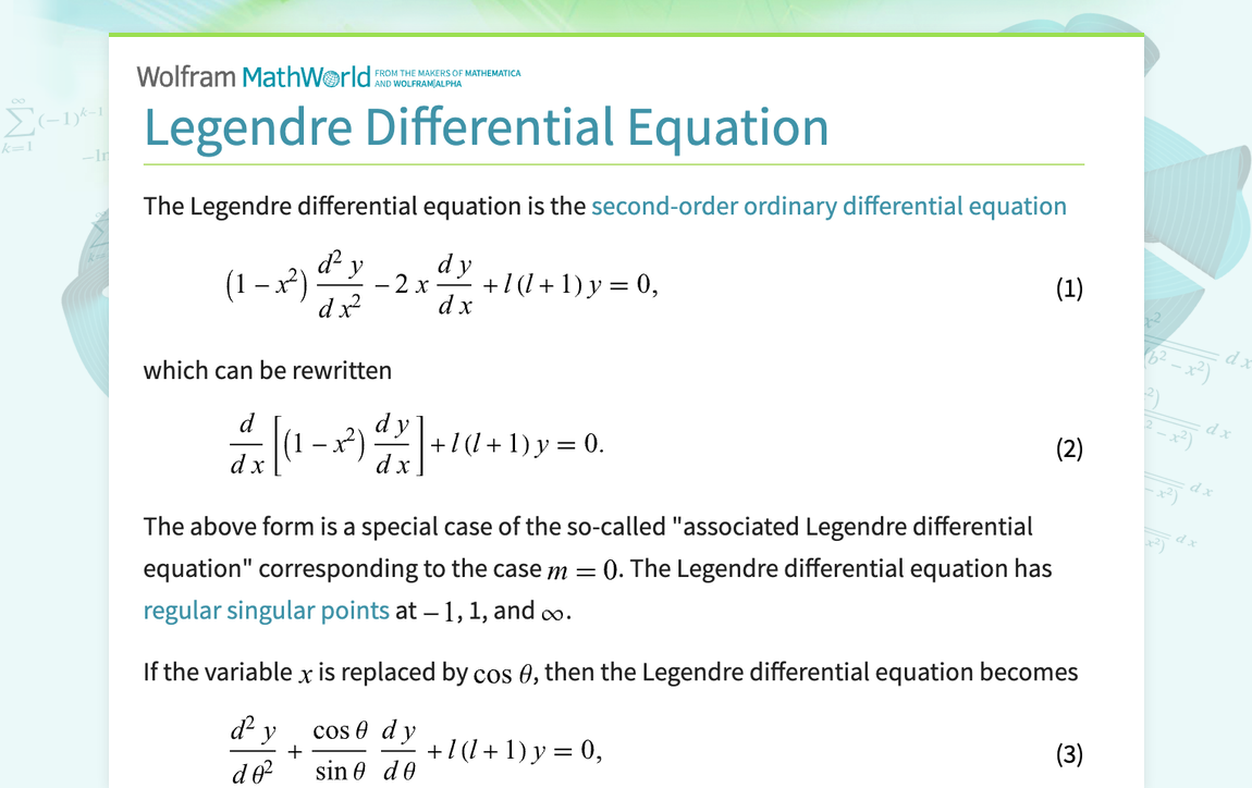 Legendre Differential Equation From Wolfram Mathworld