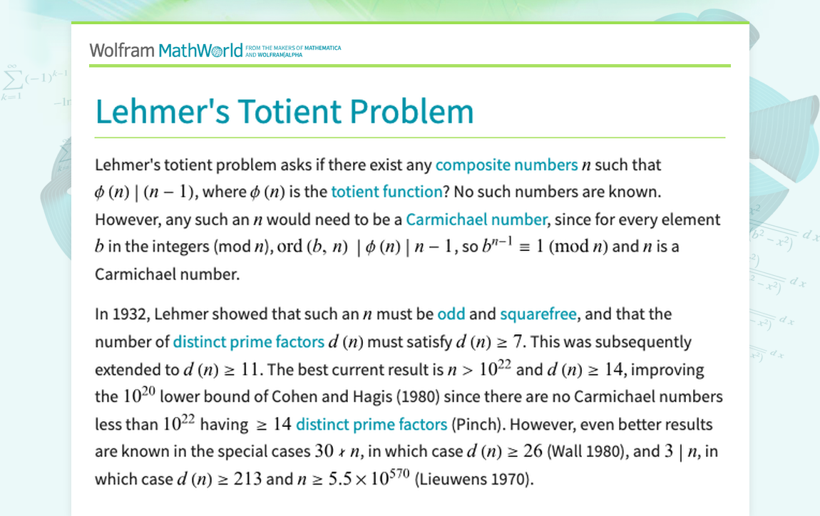 Lehmer's Totient Problem -- from Wolfram MathWorld