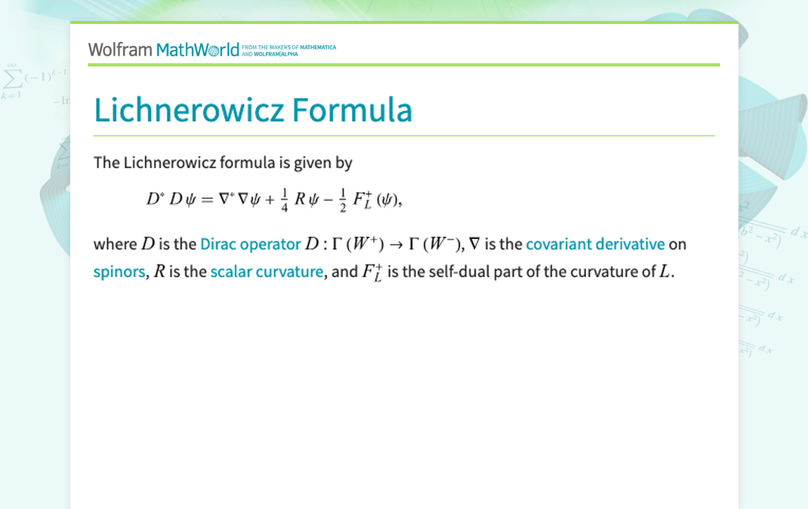 Lichnerowicz Formula -- from Wolfram MathWorld
