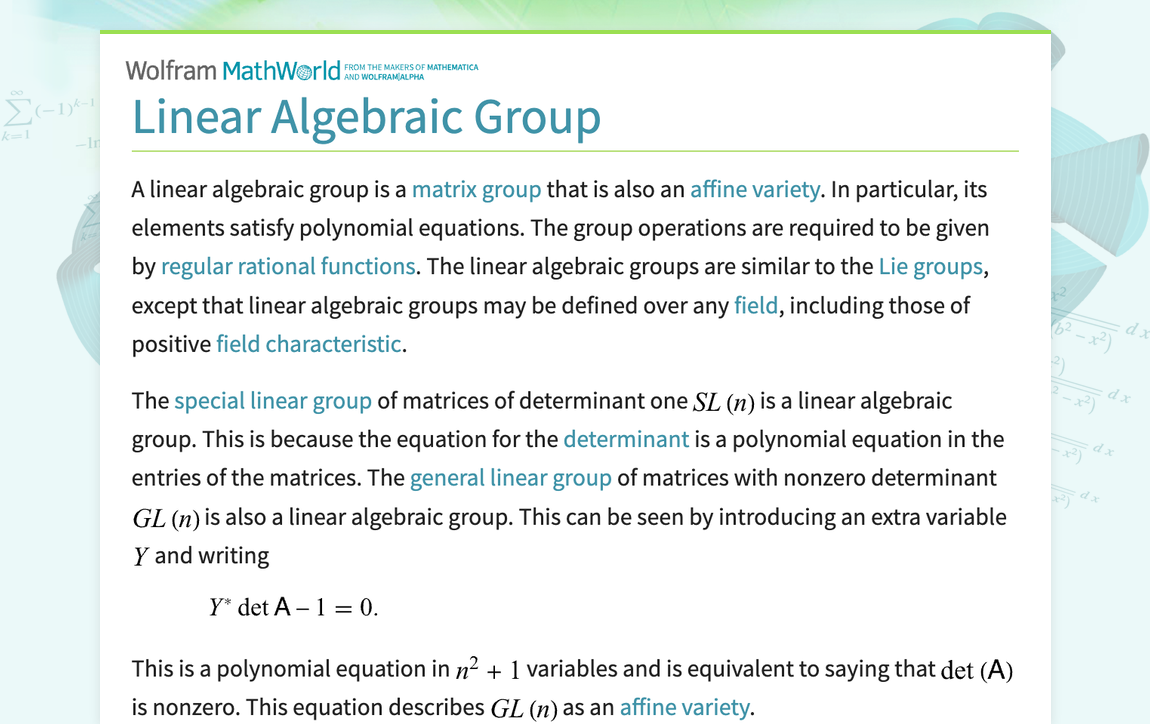Linear Algebraic Group -- from Wolfram MathWorld