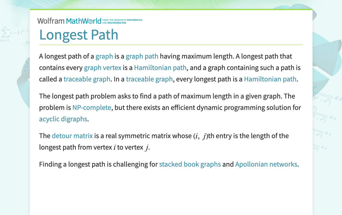 Longest Path Math Longest Path -- from Wolfram MathWorld