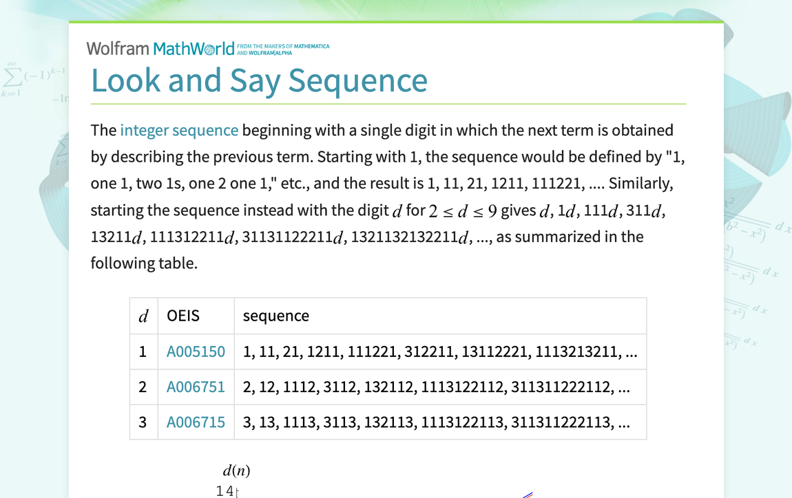 Look and say sequence from wolfram mathworld