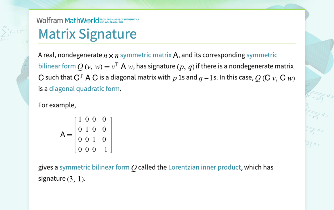 Matrix Signature -- from Wolfram MathWorld