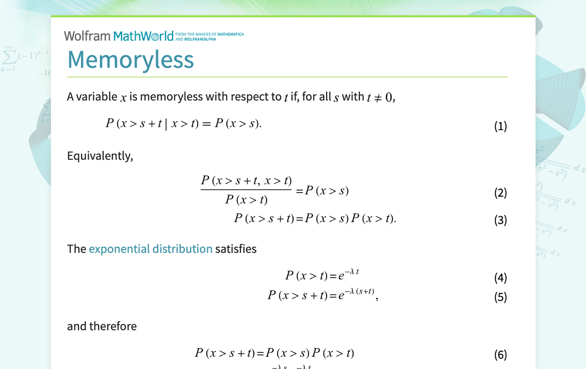 Memoryless -- from Wolfram MathWorld