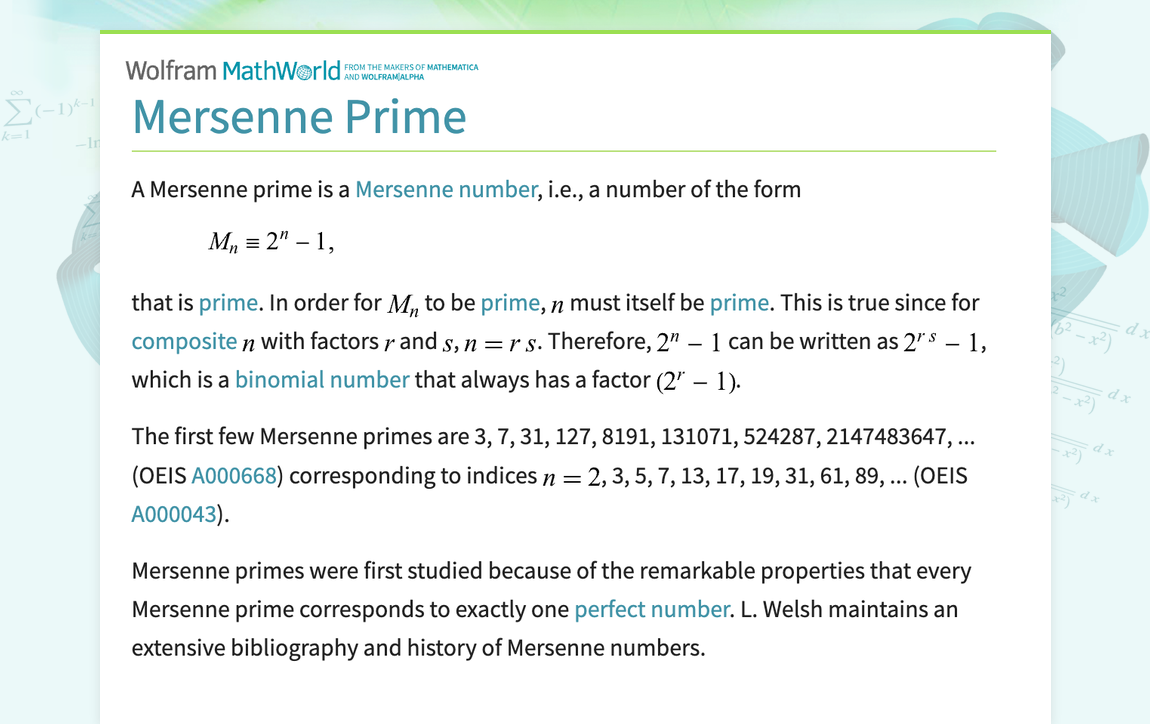 Mersenne Prime -- from Wolfram MathWorld