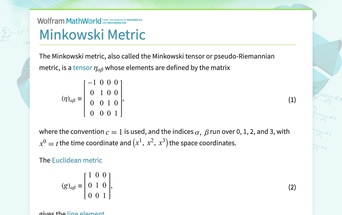 Minkowski Metric -- from Wolfram MathWorld