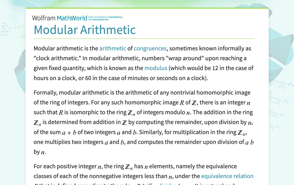 Modular Arithmetic -- from Wolfram MathWorld