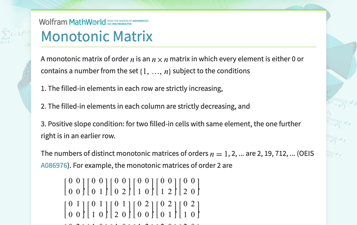 Monotonic Matrix -- from Wolfram MathWorld