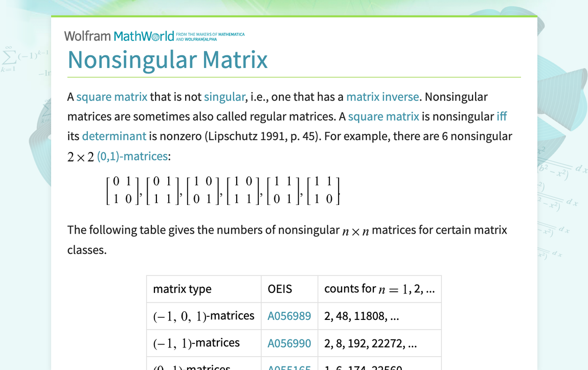 Nonsingular Matrix -- from Wolfram MathWorld