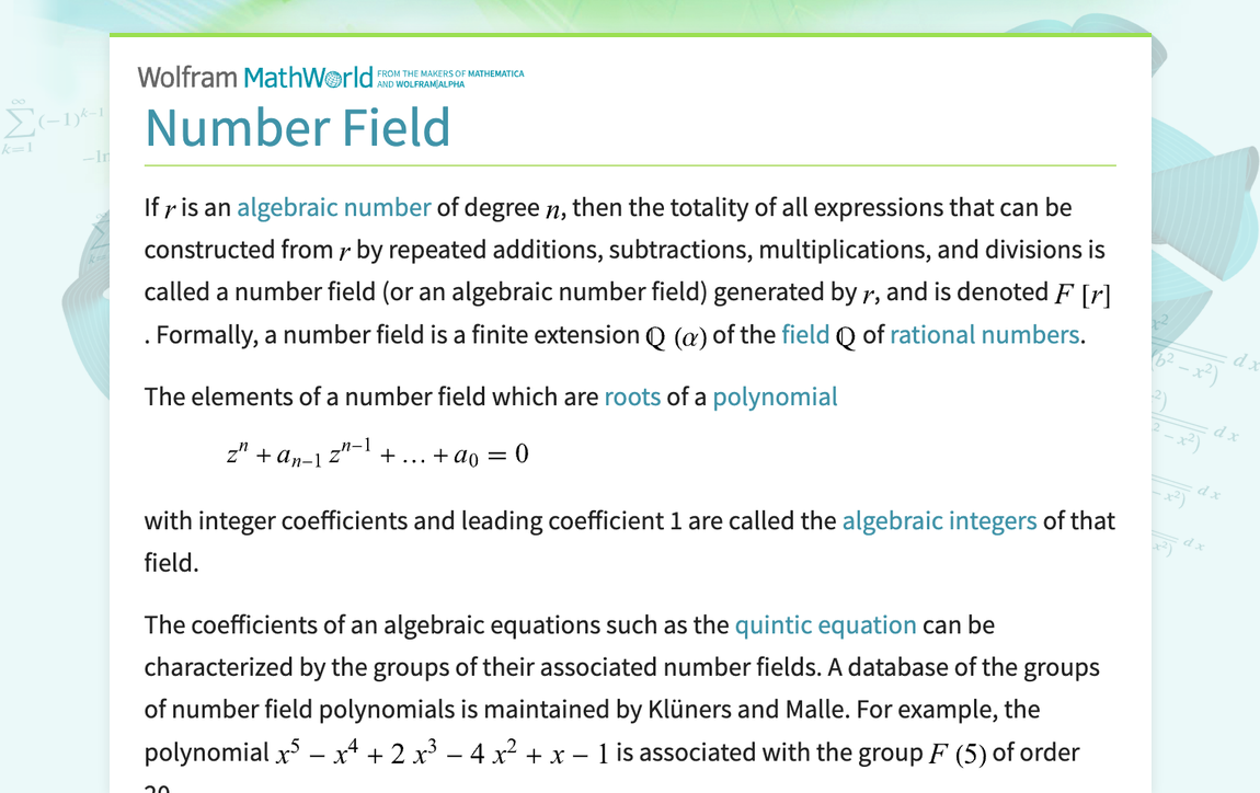Number Field -- from Wolfram MathWorld