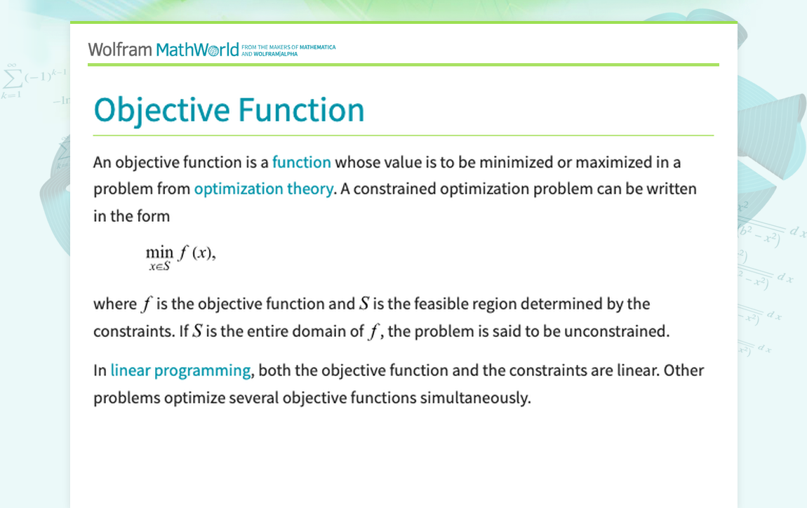 Objective Function -- from Wolfram MathWorld