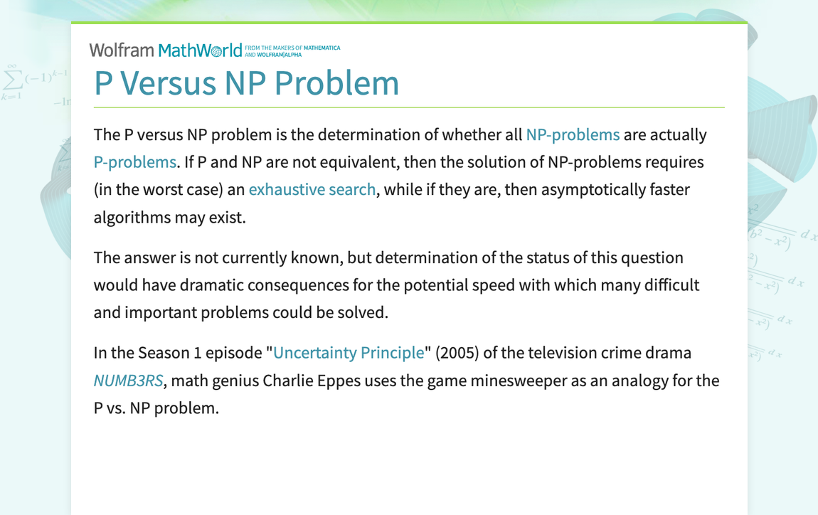 P Versus NP Problem -- from Wolfram MathWorld