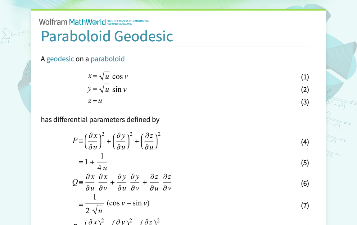 Paraboloid geodesic from wolfram mathworld