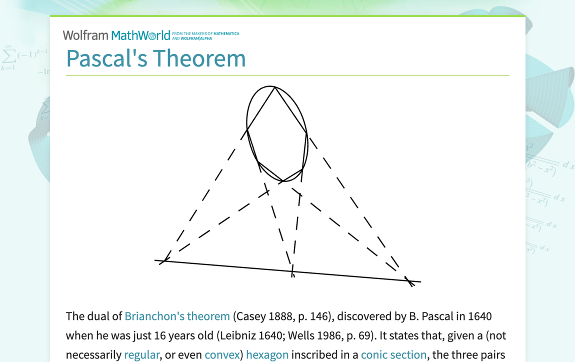 Pascal's Theorem -- from Wolfram MathWorld