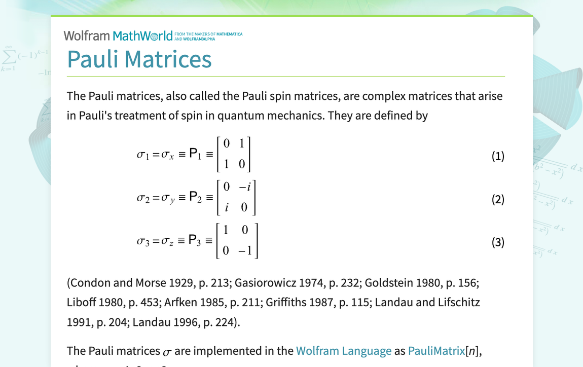 Pauli Matrices -- from Wolfram MathWorld