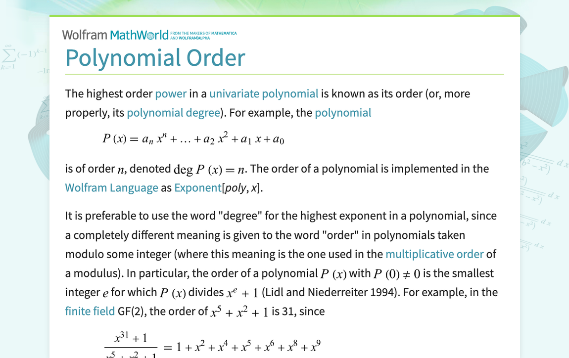 Polynomial order from wolfram mathworld