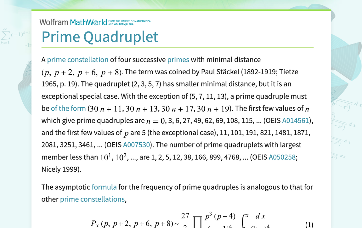 Prime Quadruplet from Wolfram MathWorld