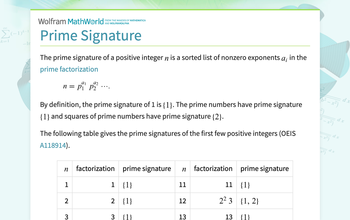 Prime Signature -- from Wolfram MathWorld