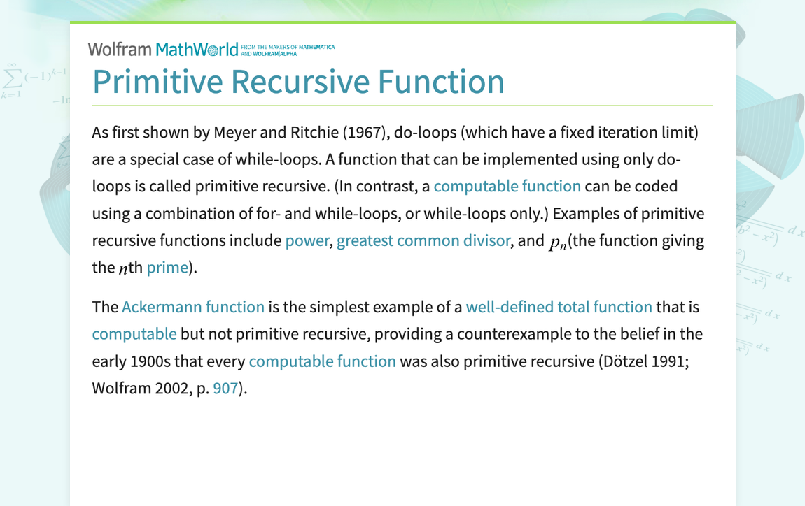 Primitive Recursive Function -- from Wolfram MathWorld