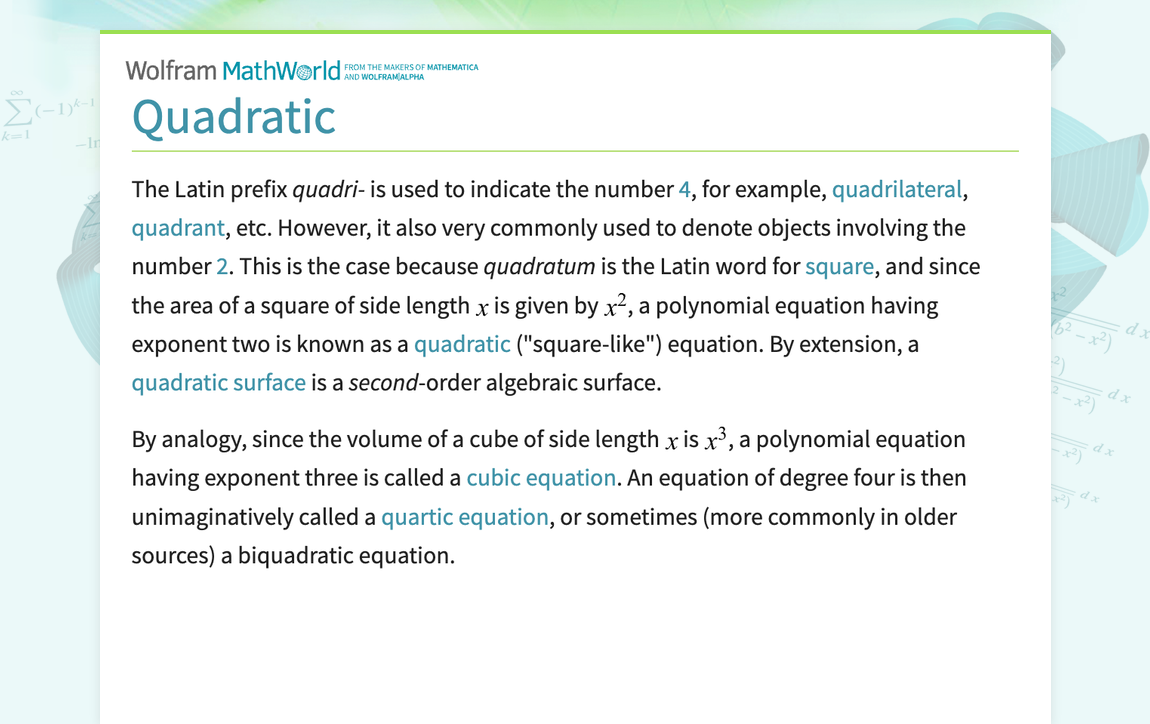 Quadratic from Wolfram MathWorld