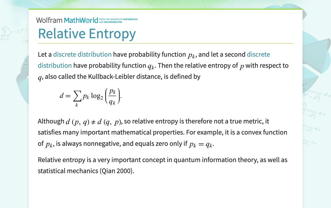 Relative entropy from wolfram mathworld