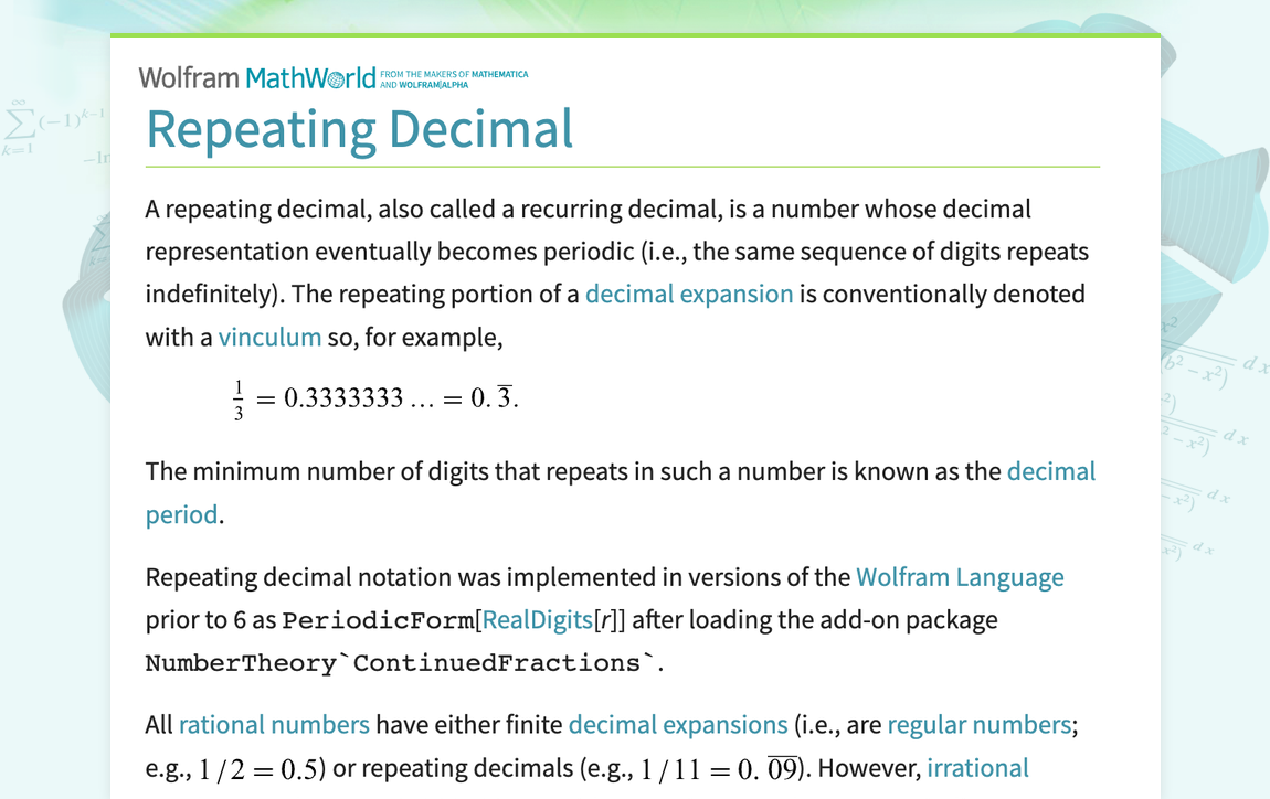 Repeating Decimal From Wolfram Mathworld