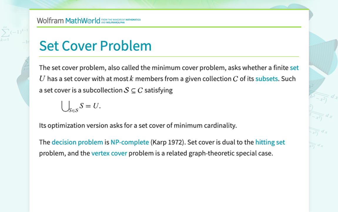 Set Cover Problem Images Set Cover Problem -- from Wolfram MathWorld