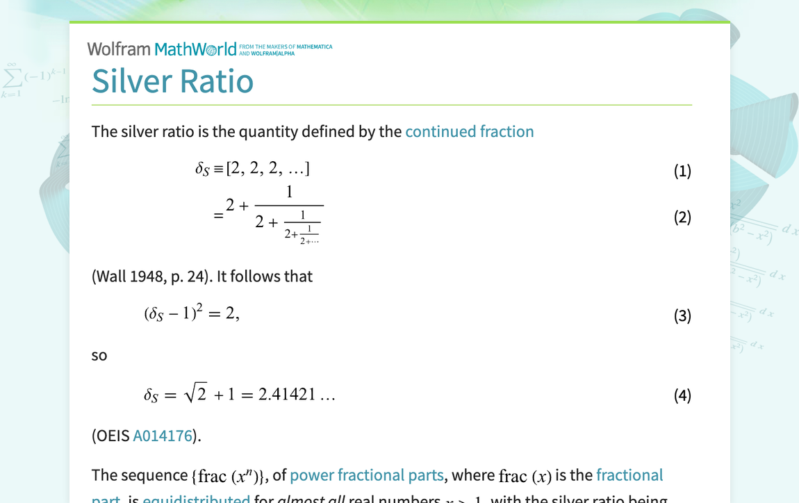 Silver Ratio -- from Wolfram MathWorld