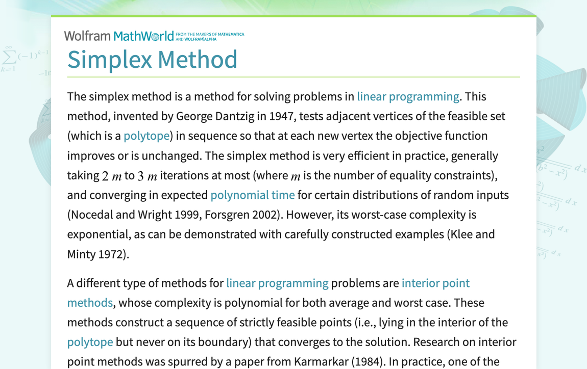 Simplex Method -- from Wolfram MathWorld