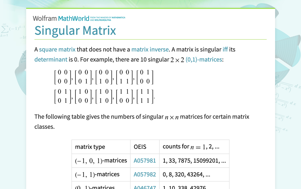 Singular Matrix -- from Wolfram MathWorld