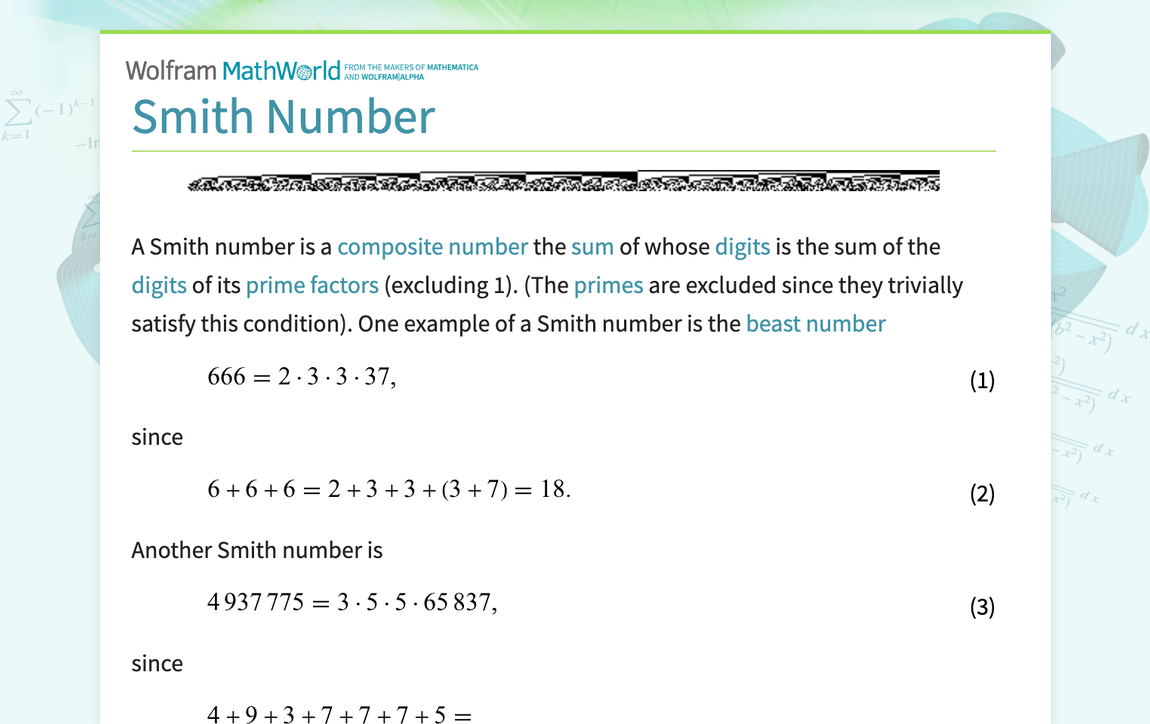 Smith Number -- from Wolfram MathWorld