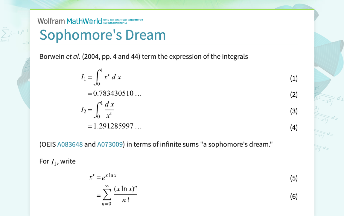 Sophomore's Dream -- from Wolfram MathWorld