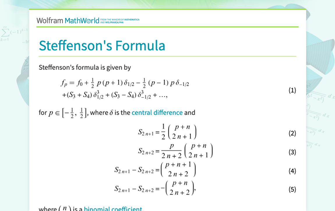 Steffenson's Formula -- from Wolfram MathWorld