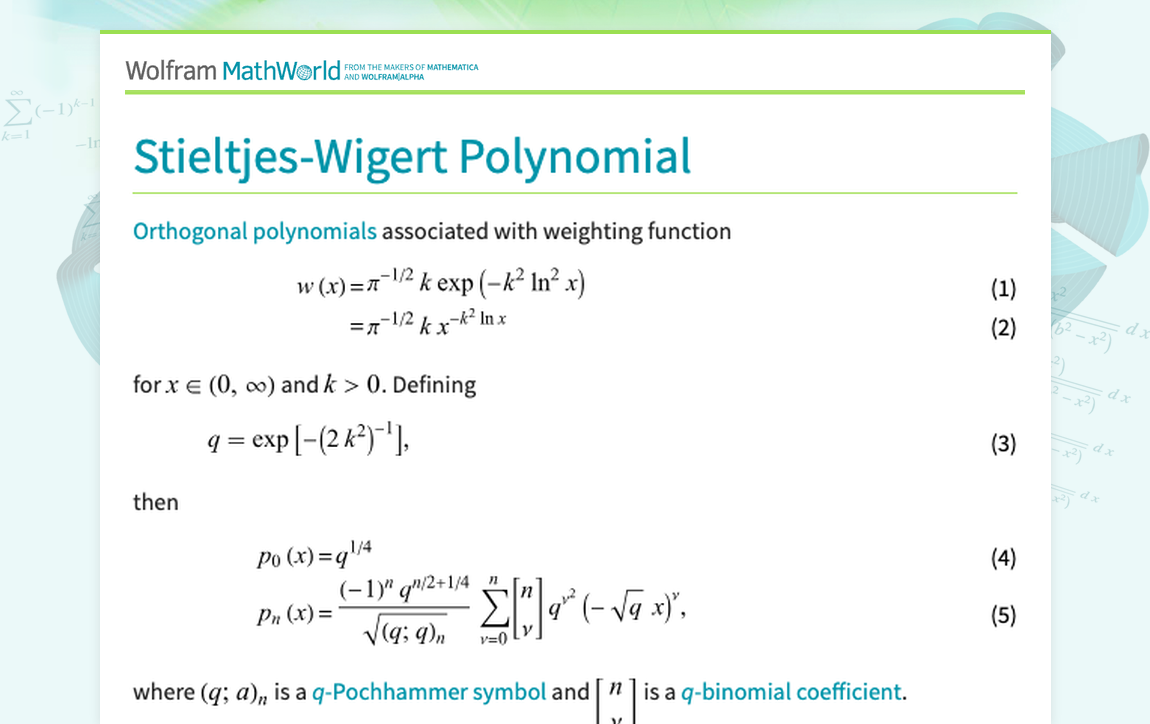 Stieltjes-Wigert Polynomial -- from Wolfram MathWorld