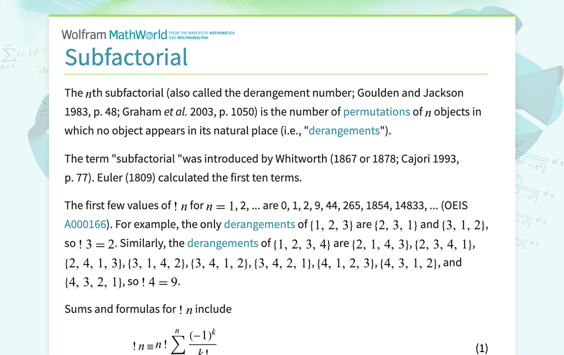 Subfactorial -- from Wolfram MathWorld