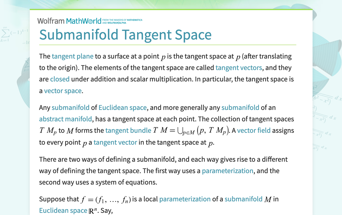 Submanifold Tangent Space -- From Wolfram MathWorld