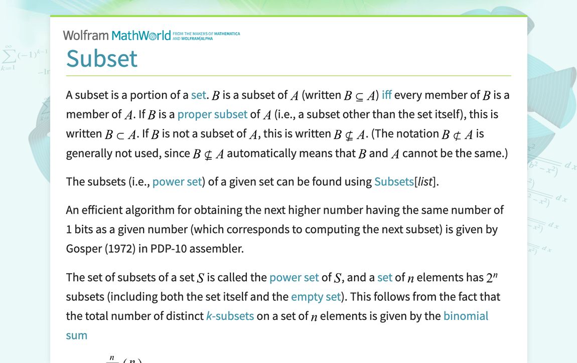 Subset From Wolfram Mathworld Subset From Wolfram Mathworld