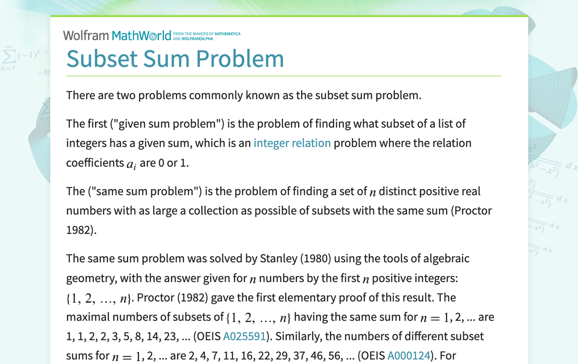 Subset Sum Problem -- from Wolfram MathWorld
