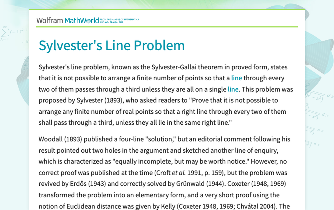 Sylvester's Line Problem -- from Wolfram MathWorld