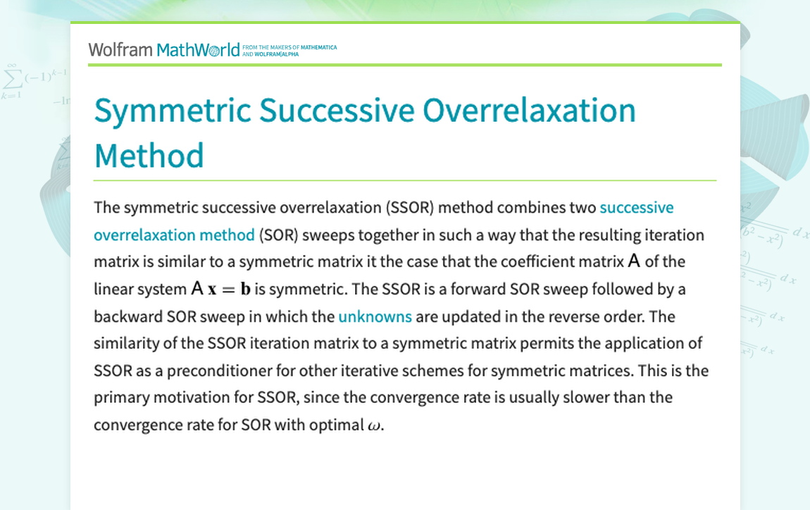 Symmetric Successive Overrelaxation Method -- from Wolfram MathWorld