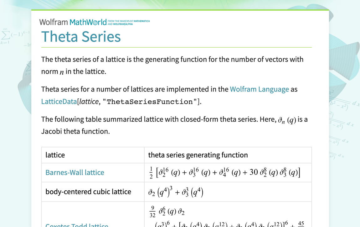 Theta Series -- from Wolfram MathWorld